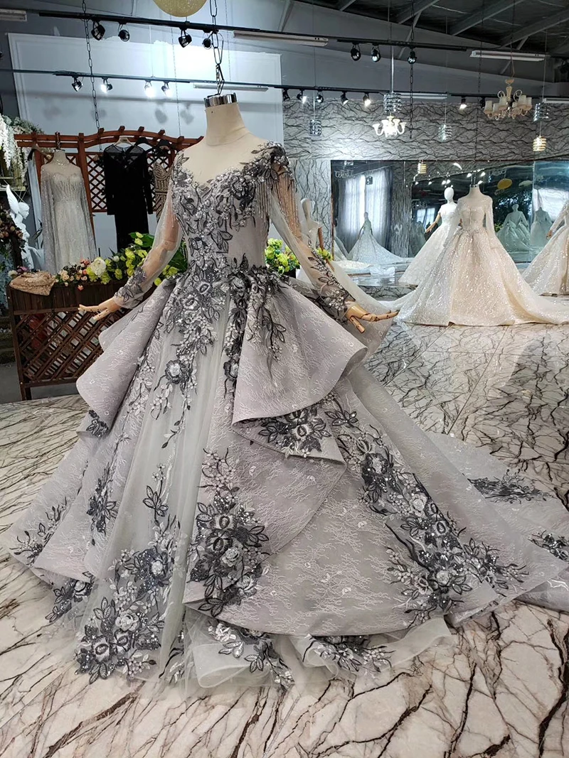 HTL319B Grey evening dresses long for women o-neck long sleeves lace up muslim formal prom dress with train promotion discount