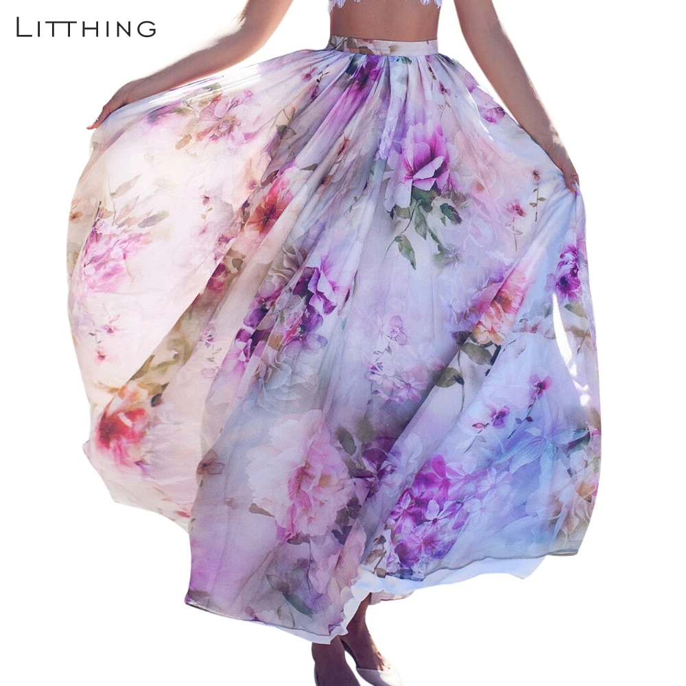 

LITTHING 2019 New Spring Women Floral Printed Skirts Bohemia High Waist Vestidos Fashion Ankle Length Straight Beach Sun Skirts