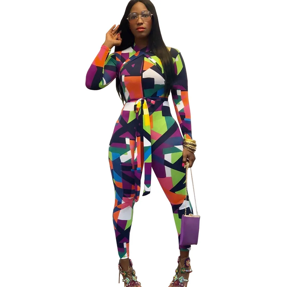 

Women Personality Print Jumpsuit Skinny Sashes Long Sleeve Pattern Casual Playsuit Ladies Fashion 2019 Summer Rompers Streetwear