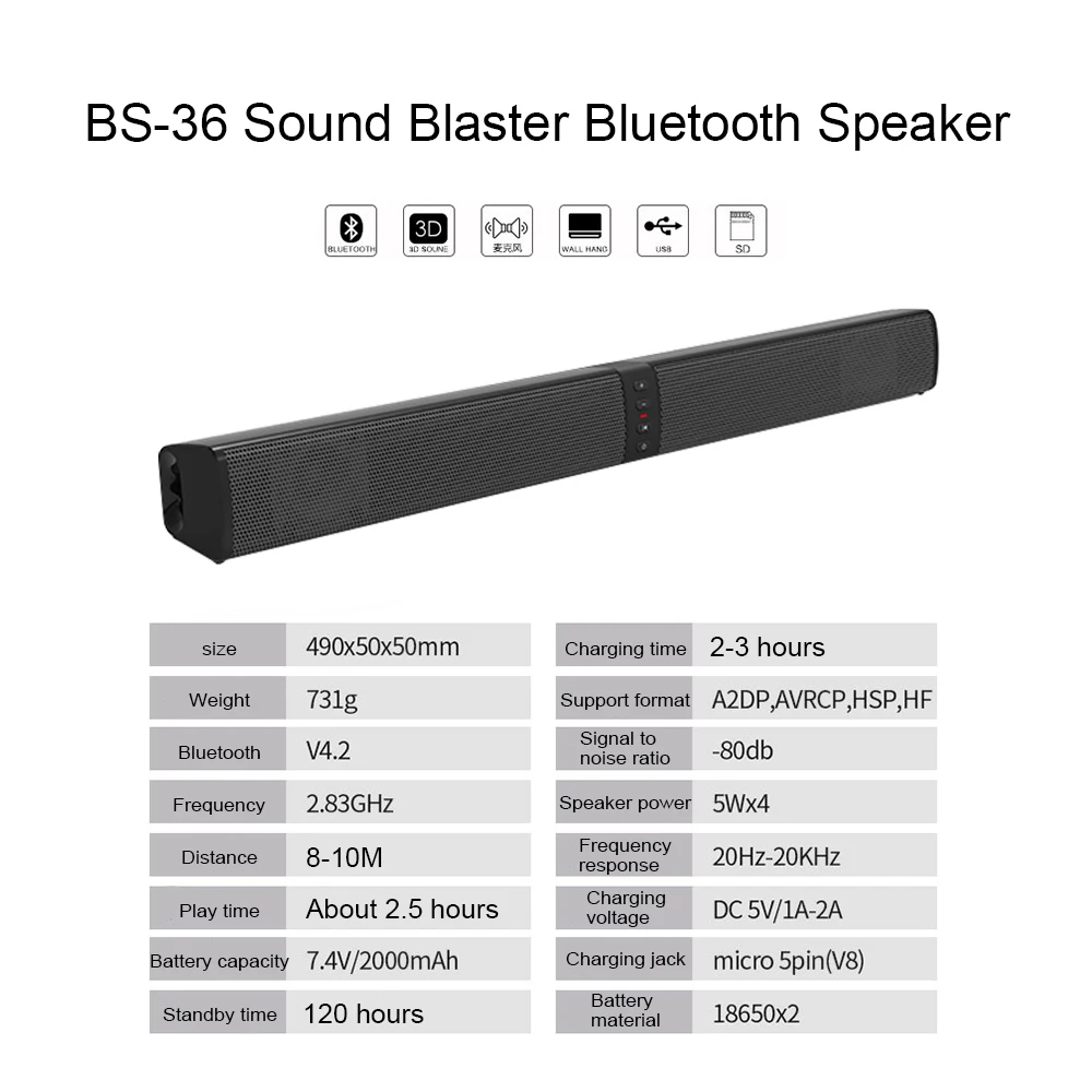 20W(Detachable)Wireless Bluetooth Speaker Column Soundbar Stereo TV Speakers Home Theater 2000mAh Sound Bar TF U-Disk For TV PC