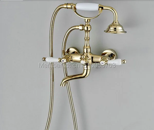 US Free Shipping Wholesale And Retail Luxury Golden Finish Brass Wall Mounted Telephone Bathtub Shower Faucet Set Mixer Tap