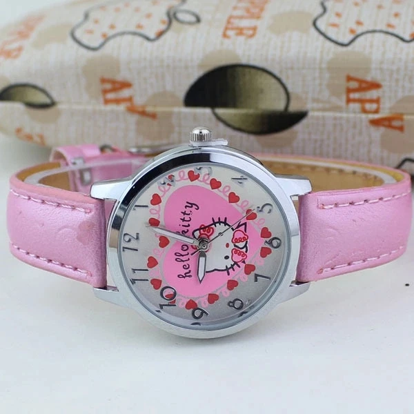 Мода высокого класса девушки любят розовый рисунок «Hello Kitty» детская кварцевые часы оптом KT cat ремня таблице