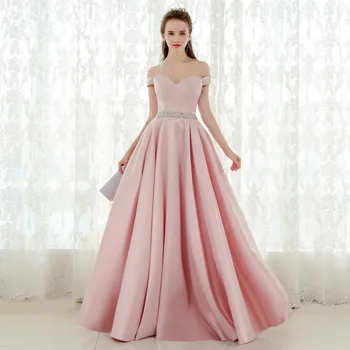 

Pink Long Off the shoulder 2019 Evening Dress A-line Vintage Off The Shoulder Prom Dresses Gown Belt Robe De Soiree