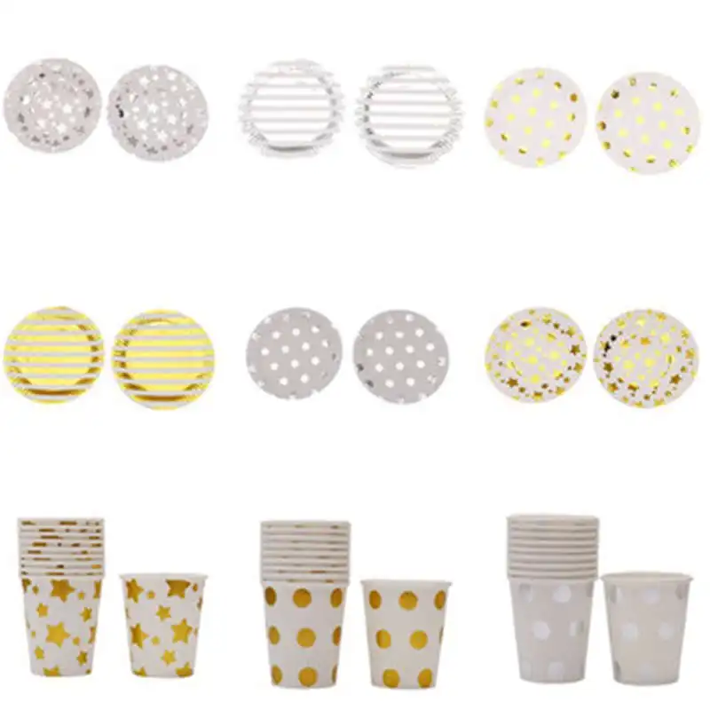 

10 Pcs/Lot Gold Silver Stripes and Dot Paper Cups Plates Wedding Birthday Party Supplies