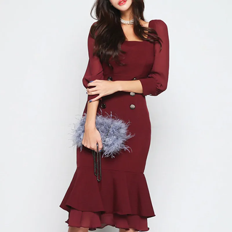 

2019 Womens Vintage Claret Mermaid Bodycon Dress Spring Women Square Collar Mid-calf Dresses Casual Fitted Office Vestidos