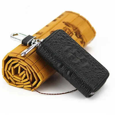 Кожаный кошелек для ключей от Для женщин Для мужчин с узором «крокодиловая кожа» ключница и молнией в стиле ретро ключи чехол автомобильный держатель для ключей, администратор портмоне - Цвет: Black