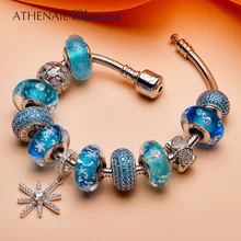 ATHENAIE 925 Серебряная Летняя коллекция голубая Снежинка подвеска с сердечками и CZ стеклянными бусинами полные браслеты для женщин