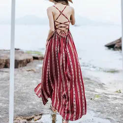 Летние длинное платье с открытой спиной Boho Chic Женская пляжное платье Красный Спагетти бинты праздничное пикантные женские платья для