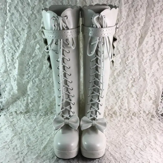 

Japanese Sweet Lolita Cosplay High Platform Boots Princess Girl Lace Up Bowtie Chunky High Heel Martin Boots