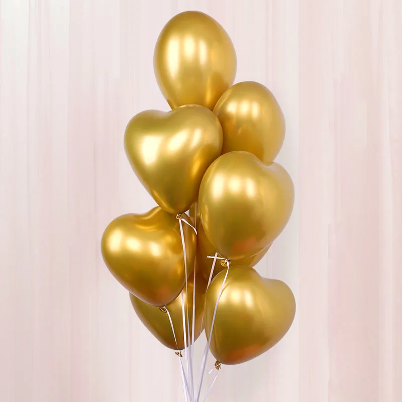 10pcs/lot 12inch Heart Glossy Metal Latex Balloons Thick Metallic Ballon Inflatable Air Globos Valentine's Day Party Decorations - Color: Gold