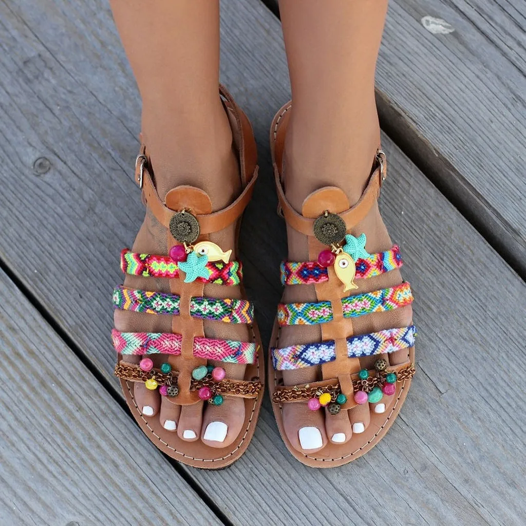 

Elegant Colorful Ethnic Bohemian Sandals Summer Women Sandals Gladiator Roman Shoes Flat Shoes#G8
