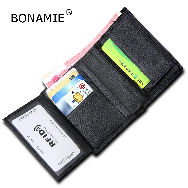BONAMIE Для мужчин тонкий бумажник RFID натуральная кожа тонкий человек Короткие Кошелек с карман на молнии мужской Банк Кредит держатель для карт черный - Цвет: Black