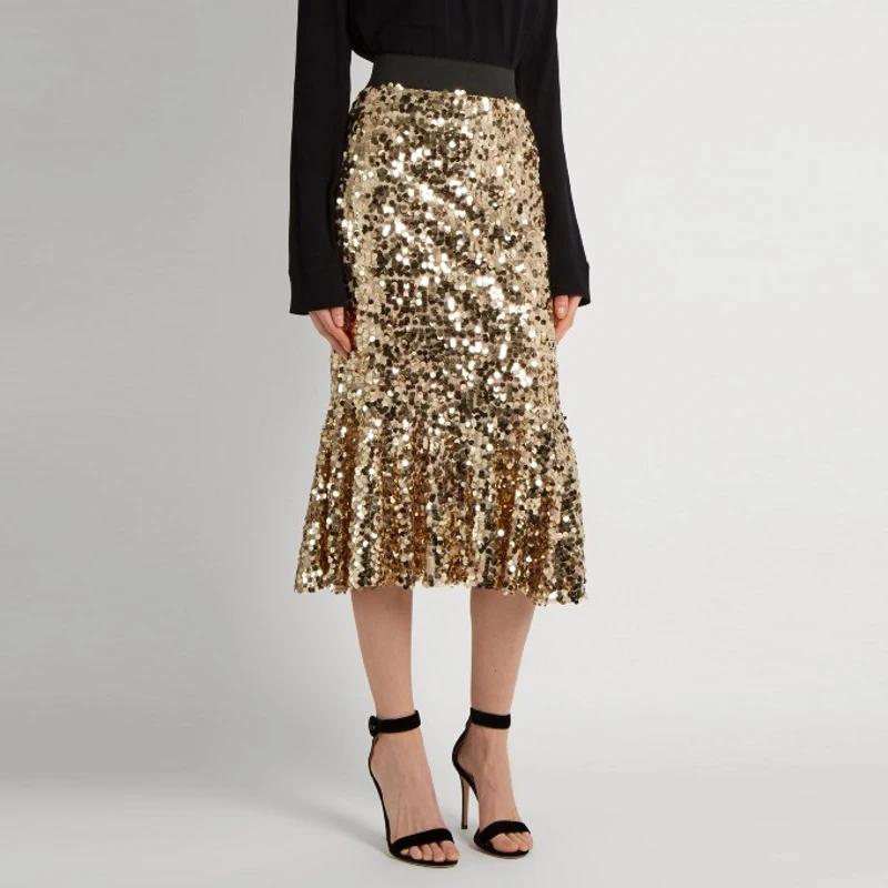 Elegant Mermaid Tea Length Gold Skirts Women Office Lady Sequined Skirt