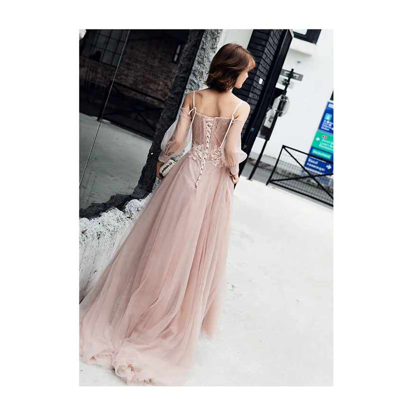 Платье выпускного вечера с длинным рукавом Это YiiYa, туника платье из тюля женщины ну вечеринку ночь, розовый спагетти ремень, плюс размер, E495,весна-лето