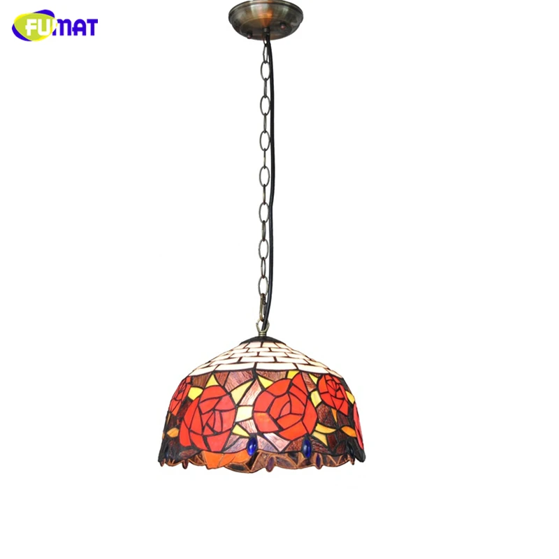 

FUMAT 12inch Red Rose Shade Tiffany Pendant Lights European Style Living Room Kitchen LED Pastoral Art LED Pendant Lights