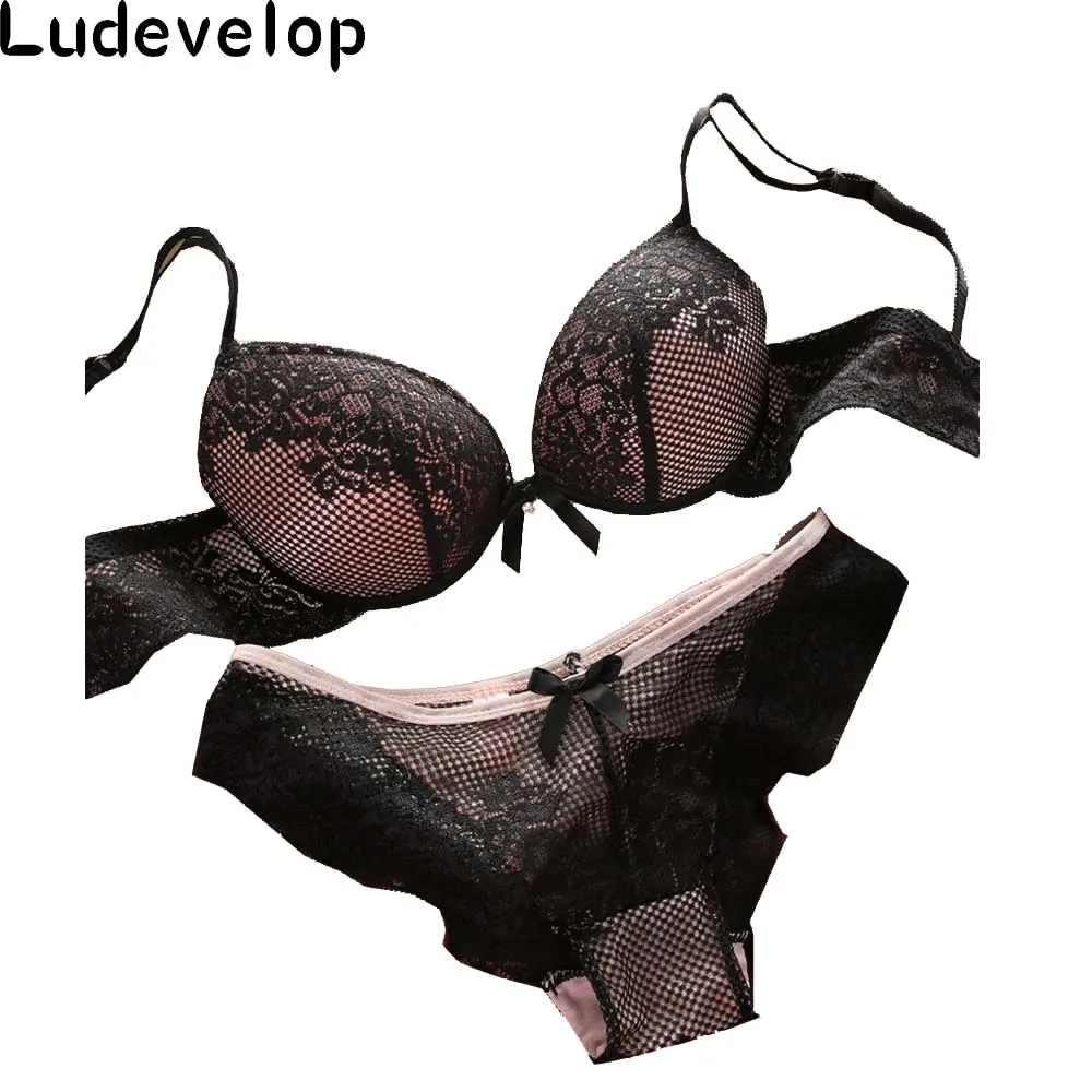 

Hot sales Fashion fashion lace sexy thin deep V-neck push up underwear hot-selling vintage solid color bra set