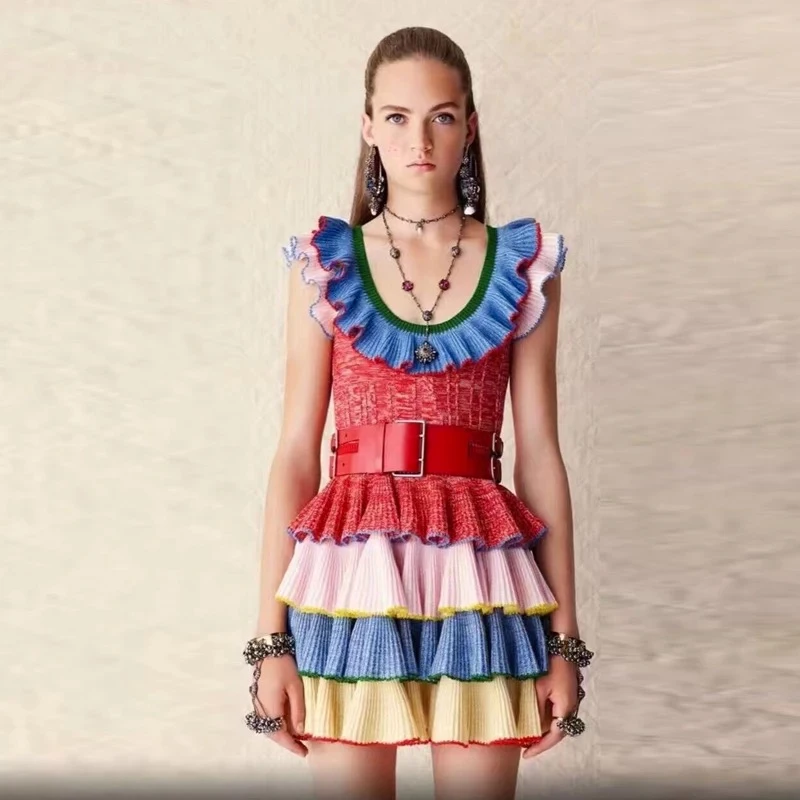 Ecombird 2017 Spring Summer Runway Designer Knitted Dress Fashion Women butterfly Sleeve Rainbow Striped Ruffles Mini Dresses