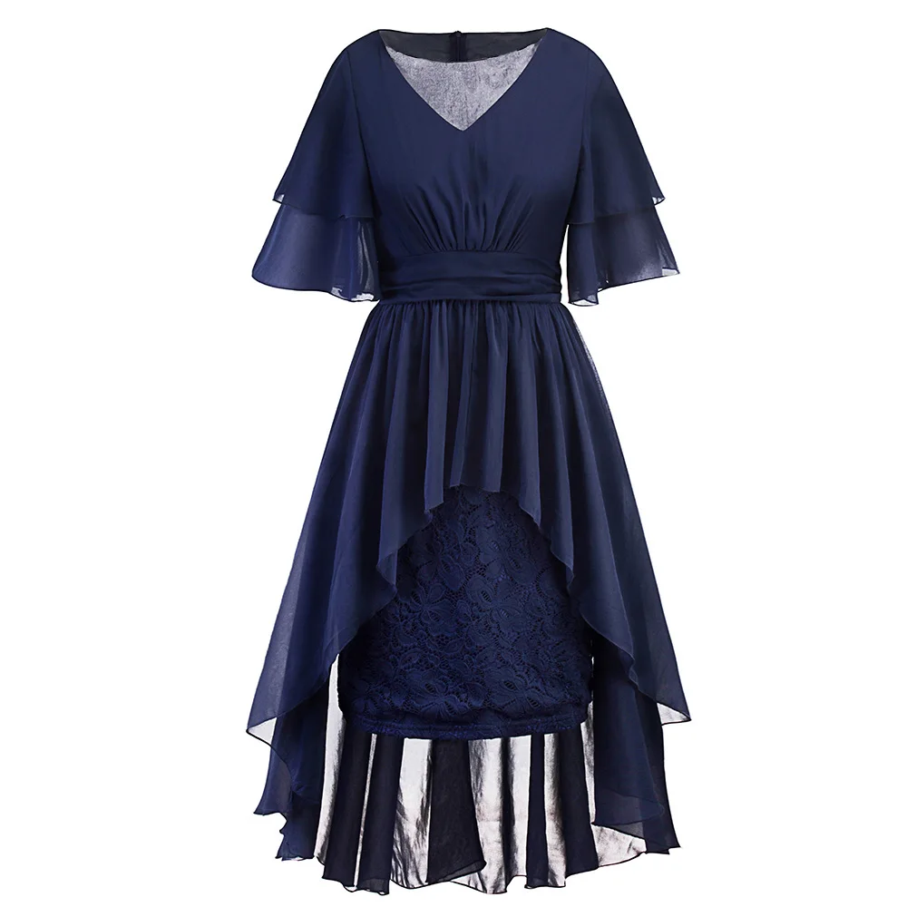 

Wipalo Women 5XL Plus Size Irregular Hem Lace Dress V Neck Petal Short Sleeves Bodycon Dress Big Size Solid Casual Vestidos Robe