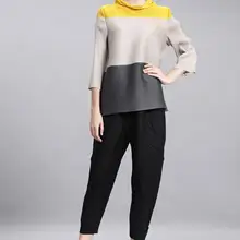 Miyake раза цвет водолазки Осень Новая мода цвет девять рукавом обжимной свободная футболка плиссированные футболка