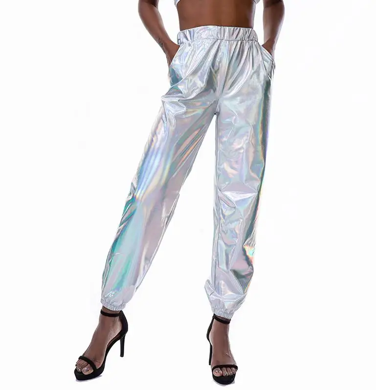 CUHAKCI уличная одежда, штаны в стиле хип-хоп для девочек, танцевальные брюки с высокой талией, женские черные, из полиэстера, серебристые, Клубная одежда, золотые, для пробежек, женские штаны - Цвет: S1055 Laser