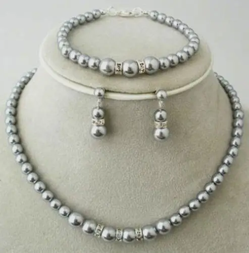 

Genuine grey 8&12mm southsea shell pearl necklace earring bracelet CZ SET