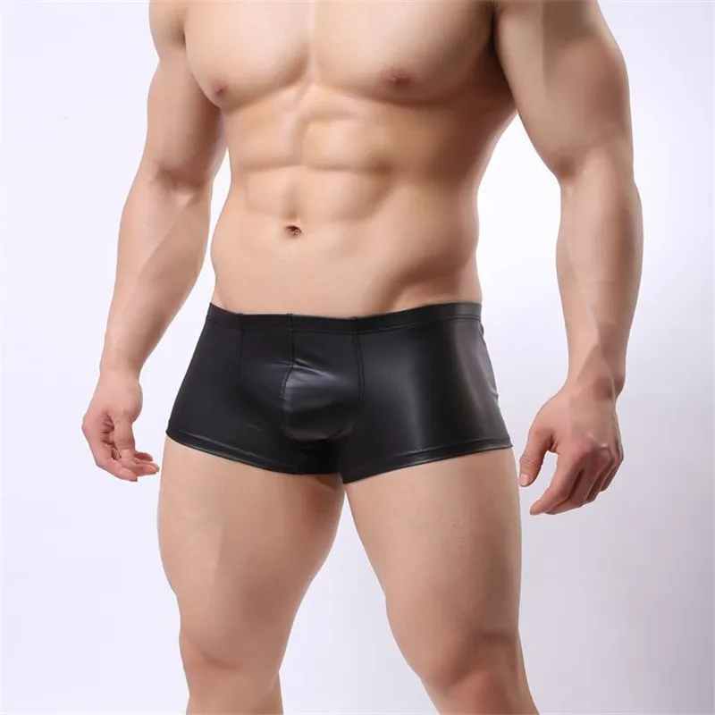 

Sexy Men's Boxer Underwear PU Leather Sexy Underpants Cool Breathable Male Boxer Shorts Mens cueca U Convex Pouch Boxers