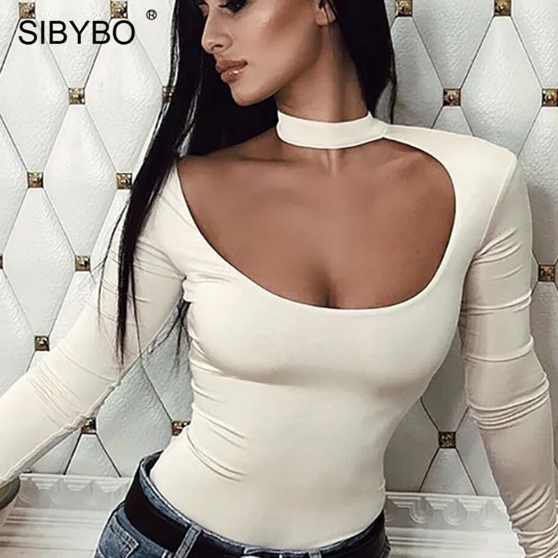

Sibybo Halter Hollow Out Skinny Sexy Bodysuit Women Long Sleeve Slim Autumn Women Rompers Backless Casual Ladies Bodysuits