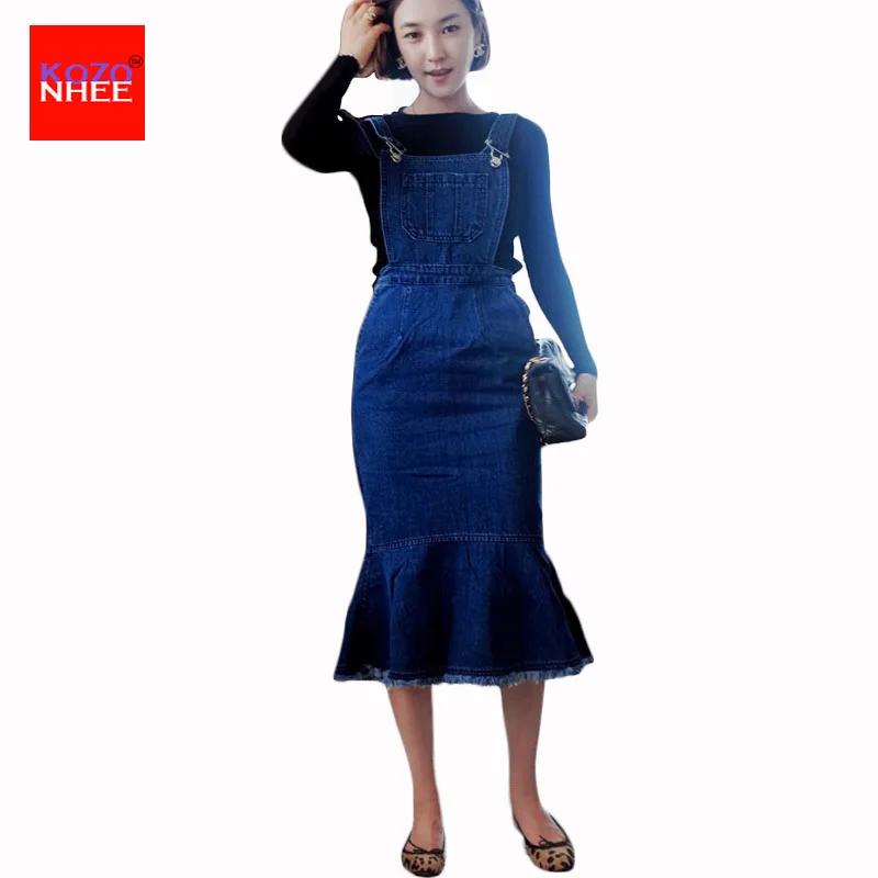 Long Summer Pocket Mermaid Denim Dresses For Women Fashion Maxi Trumpet Denim Women's Dresses