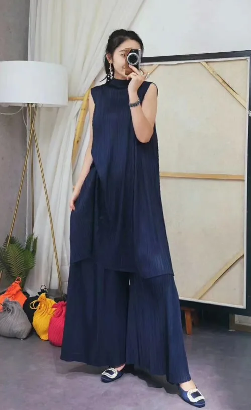 Miyake/ стиль, невысокая горловина, футболка без рукавов+ длинные брюки в складку, soild, комплект из двух предметов - Цвет: Тёмно-синий