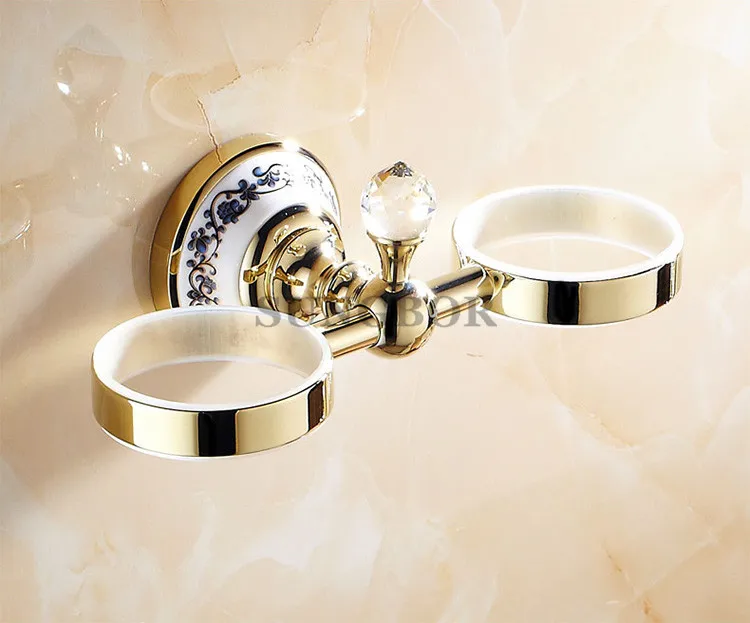 Настенный Ванная комната двойной Керамика стакан для зубных щеток Держатель Стаканов хром золото отделка Аксессуары для ванной GJ-5603K