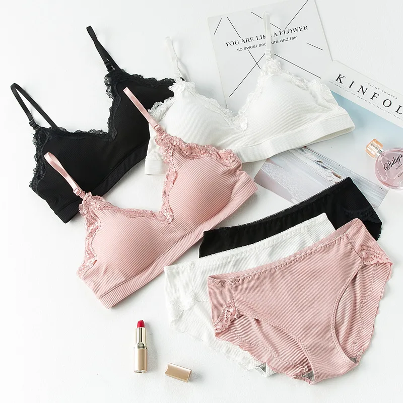 

Cotton Wire Free Bra Set Japanese Comfot Lingerie Set Active Bra with Pad Thin Screw Thread Push Up Bras Sets Dropshipping