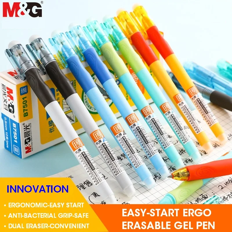 12pcs/box M&G Erasable Gel Ink Roller Ball Pens 0.5mm,Black/Blue/Crystal Blue,Dual Eraser & Anti-bacterial & Ergonomic Grip