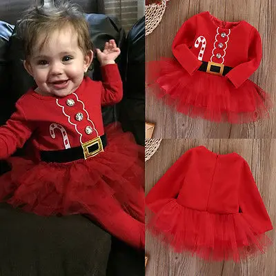 Красное рождественское платье с длинными рукавами для маленьких девочек Бальные платья из тюля с Санта-Клаусом рождественские наряды, костюм, одежда