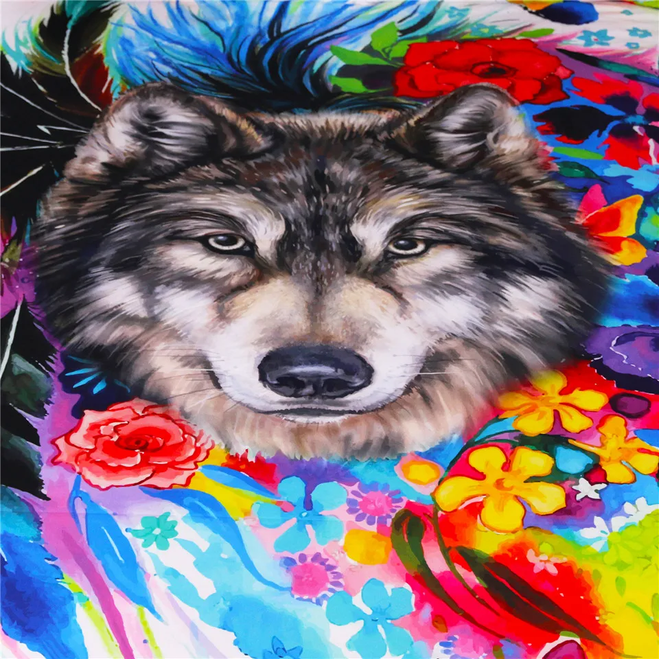 Настенный Гобелен blesslive Wolf Boho с разноцветными цветами и перьями радужные