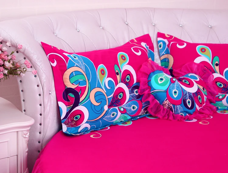 Discount LACE ROUND Corner Bed Europe Orange color Flower Bedding sets Cotton Round Double Bed sheet Duvet cover Pillow case Bedskirt 67