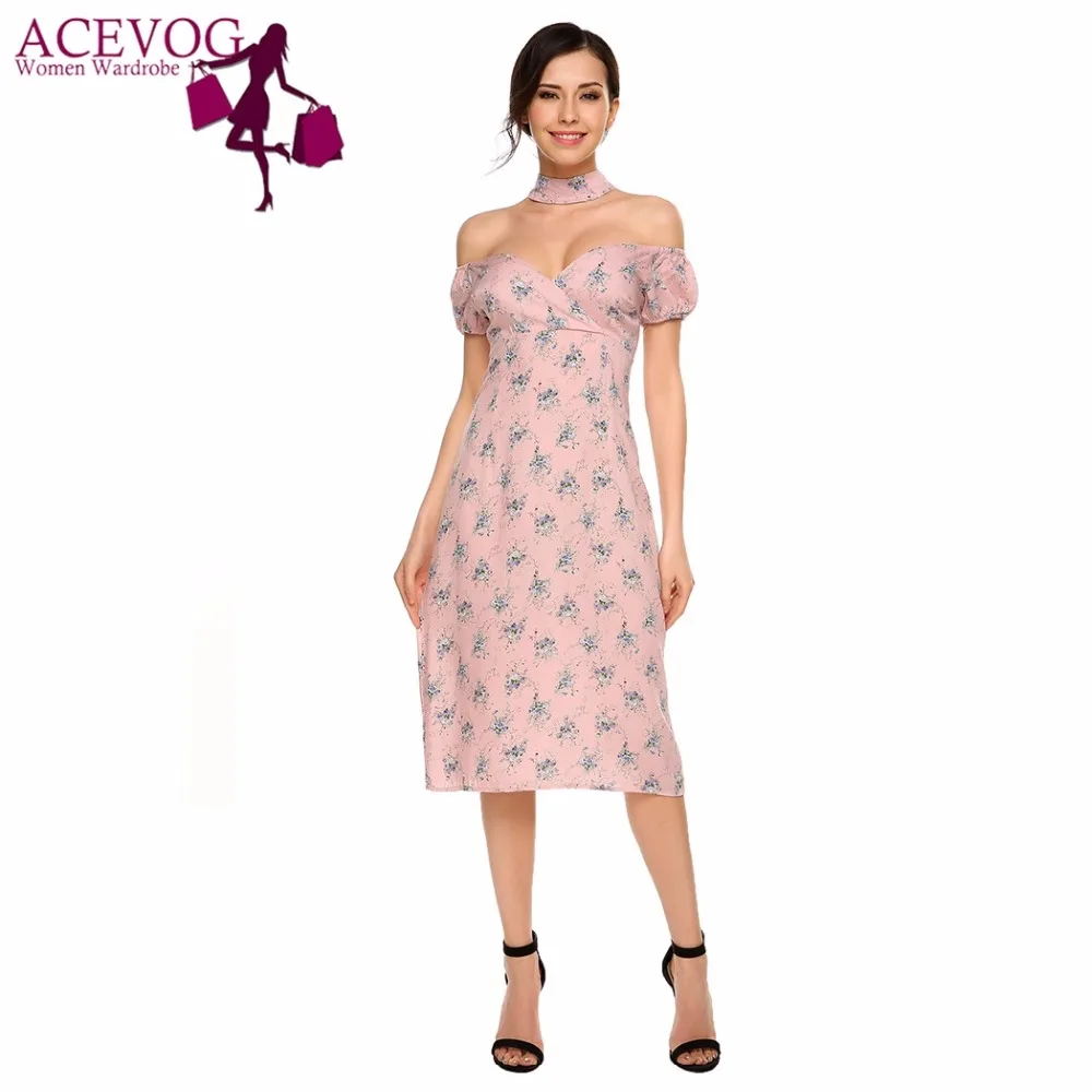 

ACEVOG Women Sexy Off-Shoulder Dress Deep V-Neck Fashion Front Cross Strapless Backless Short Sleeve Floral Print Pencil Dresses