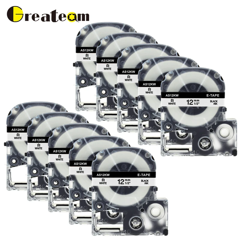 

Greateam 10pcs SS12K SS12KW LA-4WBN 12mm Black on White for King Jim and Epson Labelworks LW300 LW-600 LW-400 Label Maker Tape