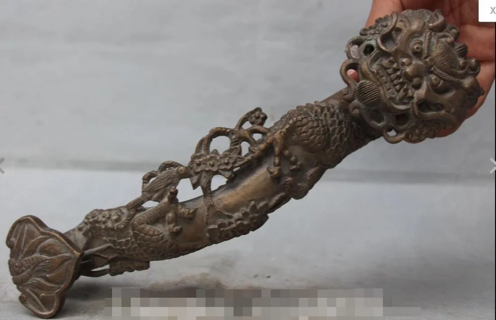 

free 11" Chinese Feng shui Bronze Auspicious Lion Head Ru Yi RuYi Sculpture Statue fast