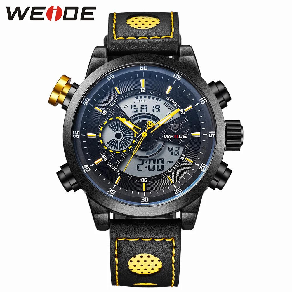 

WEIDE Mens Watches Top Luxury Brand Waterproof Sport Wrist Watch Chronograph Quartz Military Genuine Leather Relogio Masculino