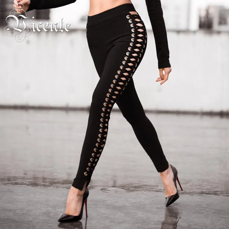 

Vicente HOT 2019 New Fashion Inspired Luxe Metal Circle Embellished Lace Up Wholesale Women Bandage Pants Leggings