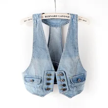 Весенне-осенняя летняя винтажная Модная тонкая короткая женская джинсовая жилетка без рукавов на пуговицах тонкая джинсовая куртка Женские топы