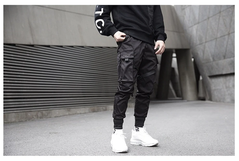 Черные брюки-карандаш в стиле хип-хоп, мужские брюки-карго, уличная одежда, мужские шаровары с карманами, джоггеры, весна, модные мужские брюки с лентой HD070