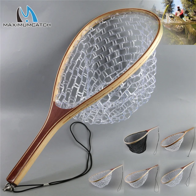 Fly Fishing Landing Nets Wooden Handle Rubber/Nylon Landing Handle