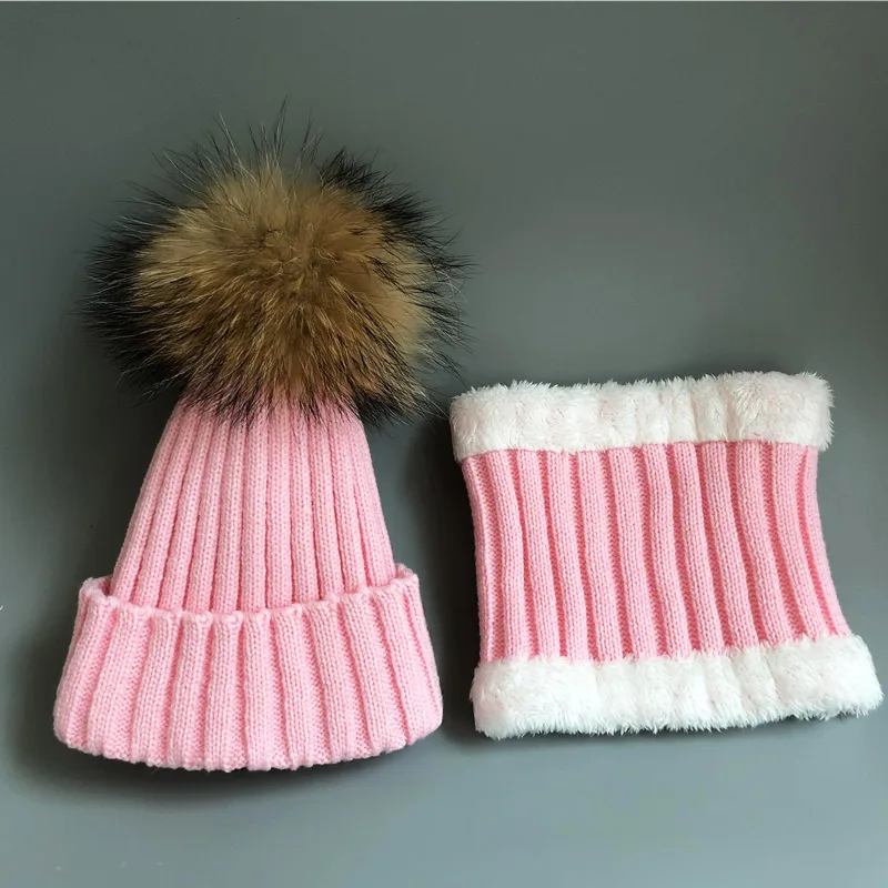 Kids Boys Girls hats Warm Fleece Liner Beanie Hats set With Scarf Fur Winter Hat For Children Baby Skullies Beanies