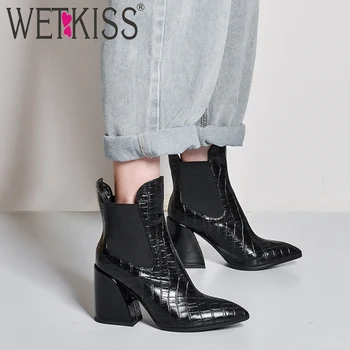 

WETKISS Emboss Cow Leather Boots Women Ankle Chelsea Boot Female Party High Heels Shoes Ladies Pointed Toe Elasic Shoes Boots