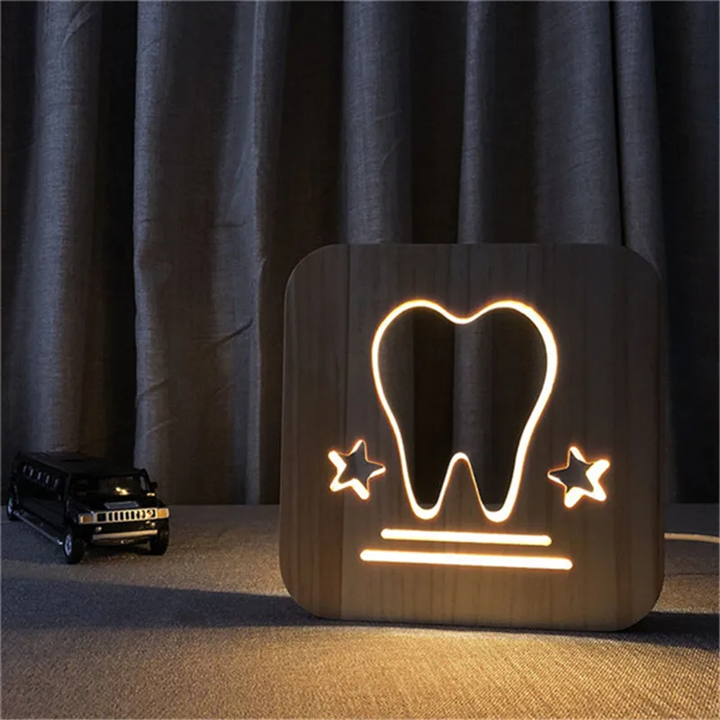 Tooth 3D LED Table Lamp Wooden Carving Decoration Night Lamp Baby Room as Sleeping Night lighting or Gift Decoration Drop Ship