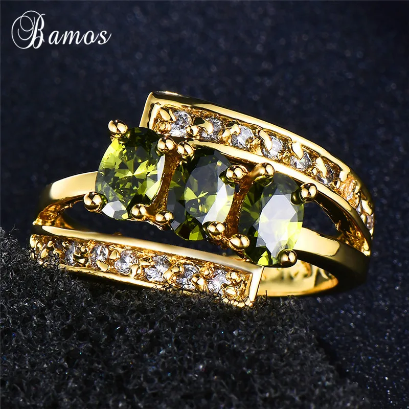 

Bamos Fashion Olive Green Crystal Ring 18KT Yellow Gold Filled Vintage CZ Ring For Women Wedding Engagement Jewelry Best Gifts