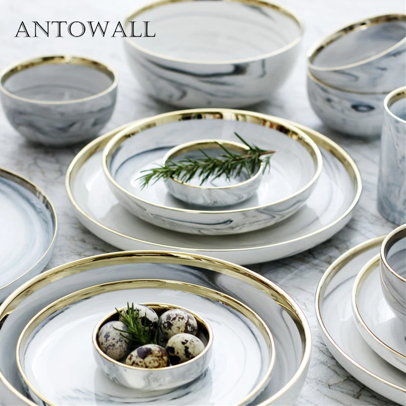 

ANTOWALL Gold-plated marbled gold edge ceramic tableware set Eat rice soup bowl deep plate soy sauce dish seasoning dish
