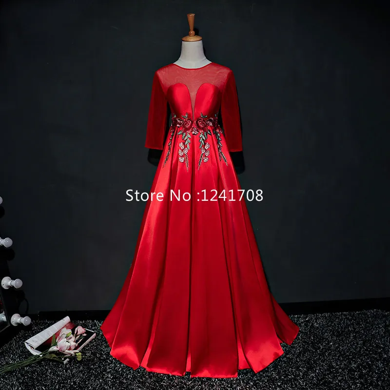 Brand New 2017 Summer O-Neck Short Sleeve Red Satin Sashes Flowers Embroidery Pattern Floor-Length Evening Party Dresses |