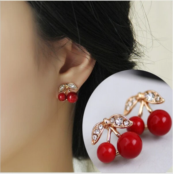 

New Fashion Lovely Red cherry earrings rhinestone leaf bead stud earrings for woman